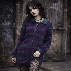 Vintage Knit Sweater/Tunic/dress Polo Stripes Metallic Iridescent purple Teal L